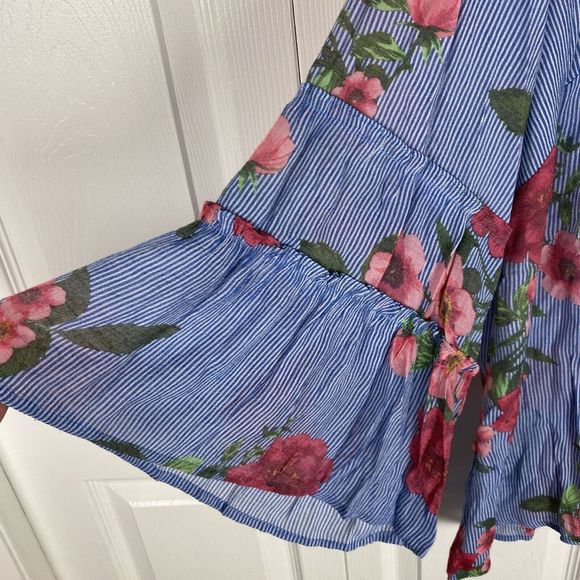 Zac & Rachel 2X Blouse Tunic Top V-Neck Floral Blue Stripe Ruffle Flare Boho - Picture 5 of 5